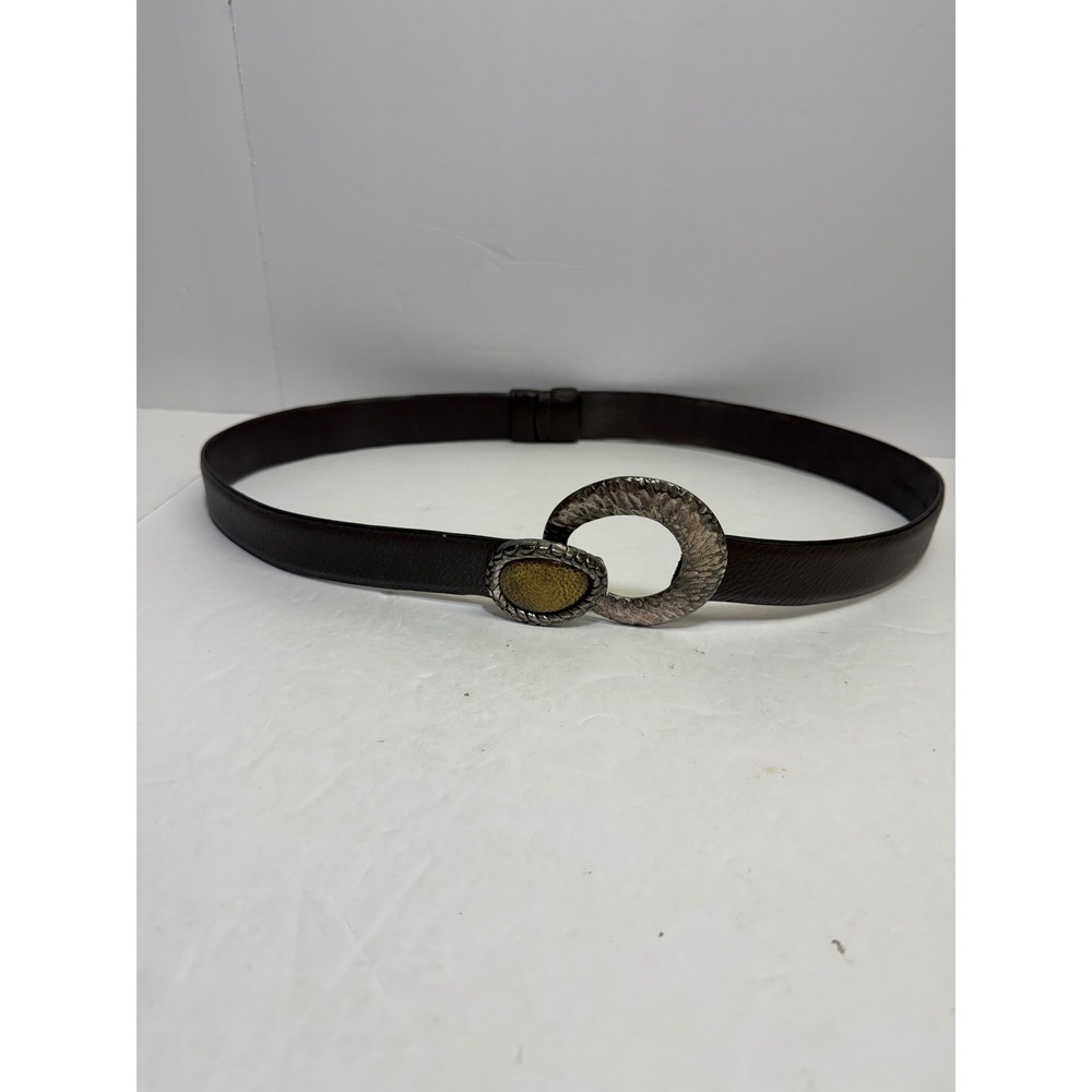 Chicos Womens Brown Leather Belt Mixed Metal Hammered Buckle S/M